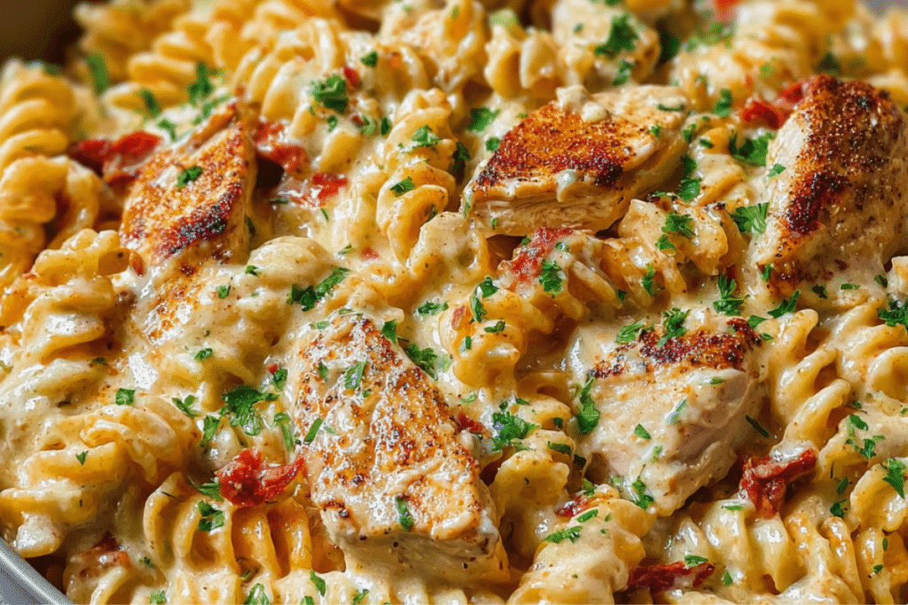 Baked Cajun chicken pasta with cream cheese sauce, topped with melted cheese and fresh herbs in a casserole dish.