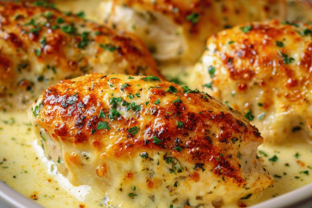 Creamy Baked Asiago Chicken breasts in a rich cheese sauce, garnished with herbs and served with roasted vegetables.