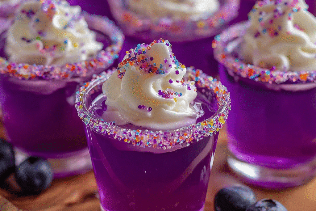 Purple Hooter Jello Shots served in mini cups, with a bold purple hue and garnished with berries or edible glitter.
