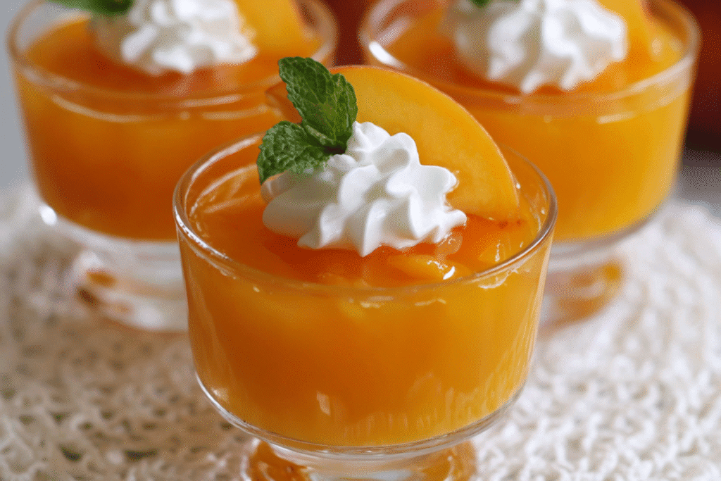 Peach Jello Shots in mini cups with a golden-orange hue, garnished with peach slices or mint.