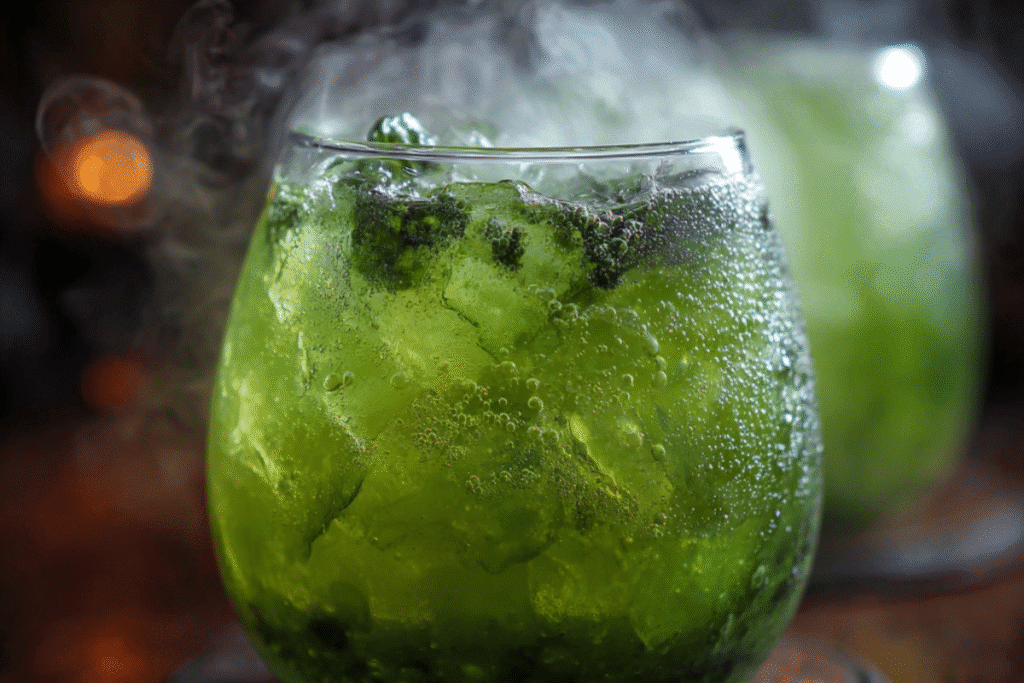 Purple and black Witch’s Cauldron Brew bubbling over with dry ice fog in a mini cauldron mug