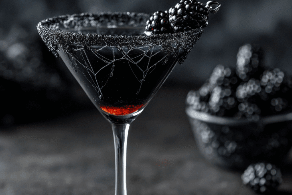 Elegant Black Widow Martini with black vodka, pomegranate liqueur, and a red spider web garnish.