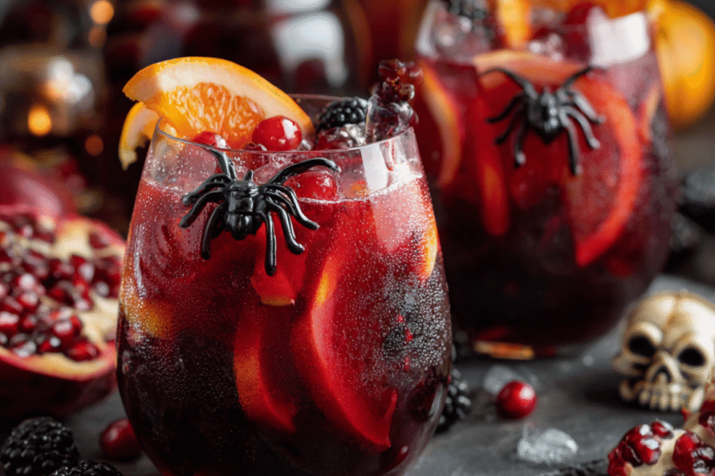 Halloween-themed Spooky Sangria with red wine, citrus slices, and floating blackberries in a glass cauldron.