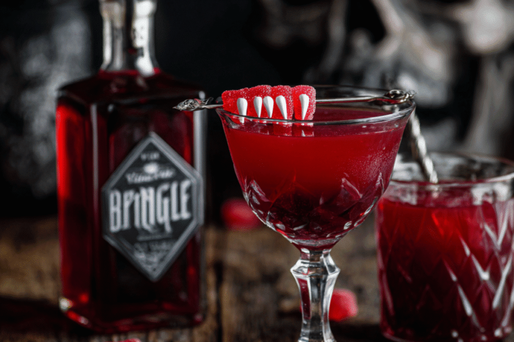Creepy Halloween Cosmopolitan with blood-red color and dry ice fog effect in a martini glass.