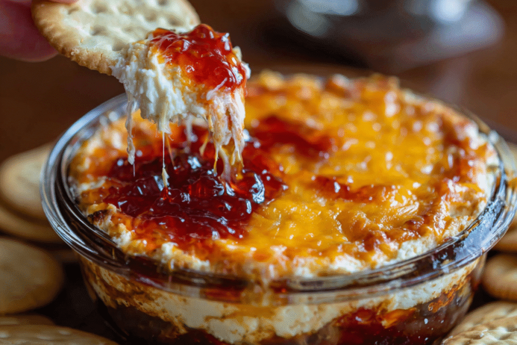 Creamy Pepper Jelly Cheese Dip with melted cream cheese and vibrant red jelly, served with crackers.