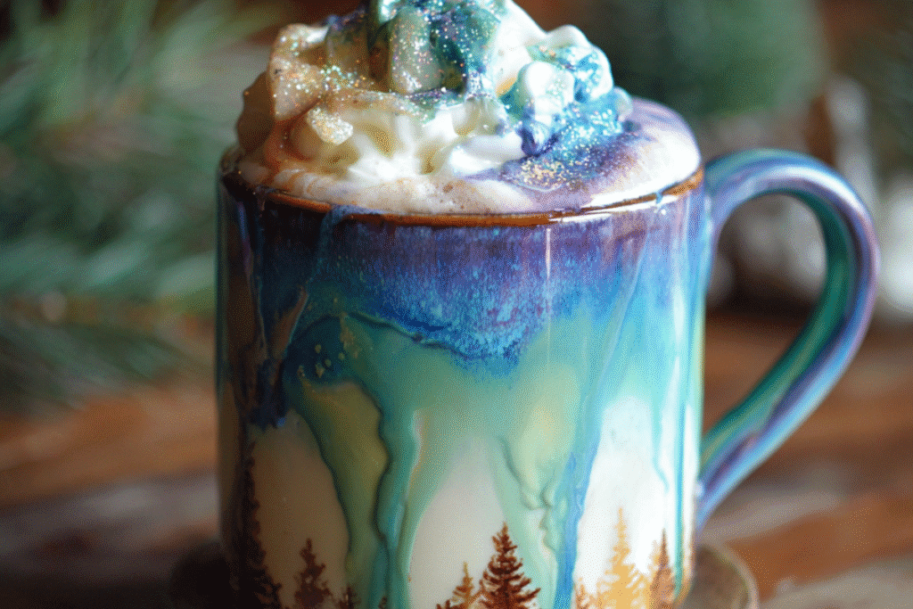 Magical Christmas Eve Aurora Cocoa with pastel swirls, whipped cream, and shimmering holiday sprinkles.