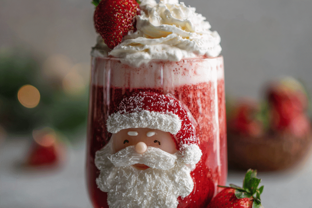 Festive Kissing Santa Claus Mocktail with red and white layers, topped with whipped cream and holiday sprinkles.