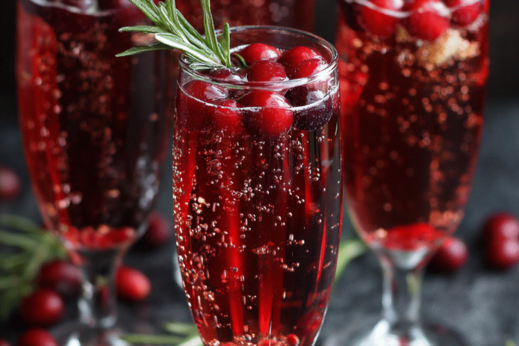 Elegant Cranberry Pomegranate Champagne Cocktail with floating cranberries and rosemary sprig in a flute.
