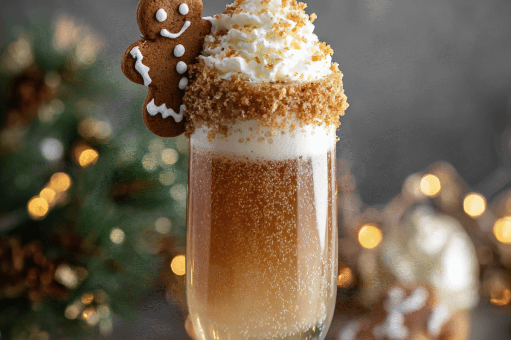 Frosted Gingerbread Champagne Bellini in a sparkling flute with sugared rim and gingerbread cookie garnish.