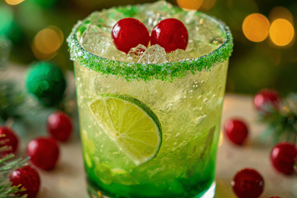 Bright Grinch Kids Mocktail, garnished with a red candy heart and festive straw.