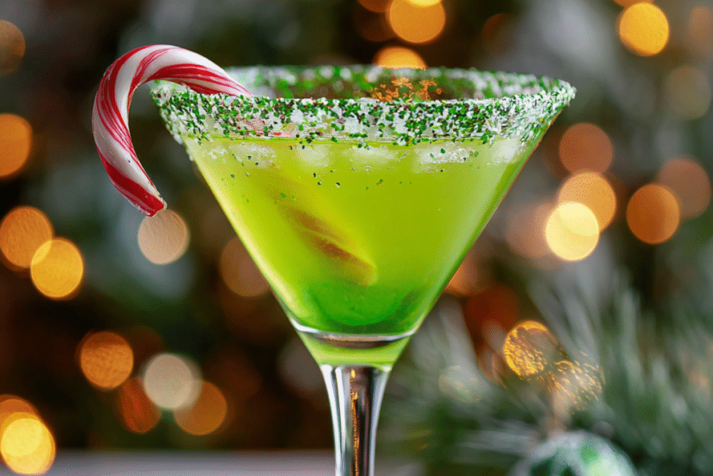 Bright green Grinch-inspired mocktail served in a martini glass with red sugar rim and cherry garnish