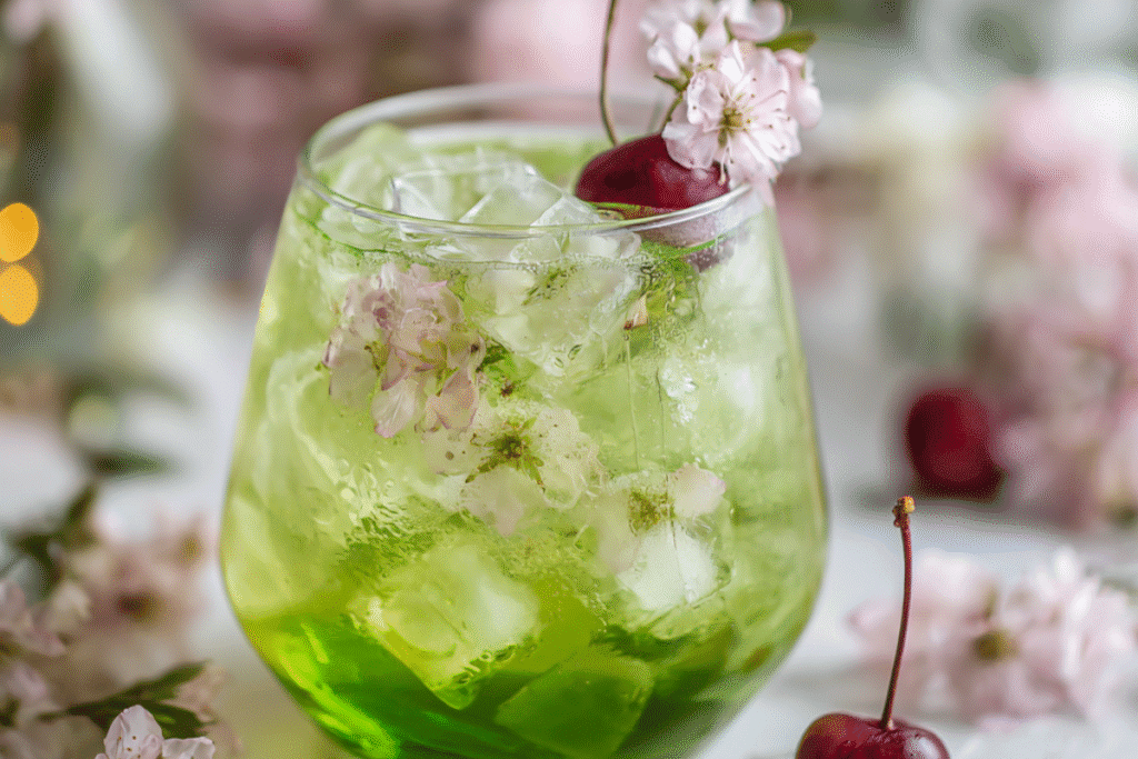 Whoville-inspired winter cocktail with pastel pink and red hues, floral garnish, and sugared rim.