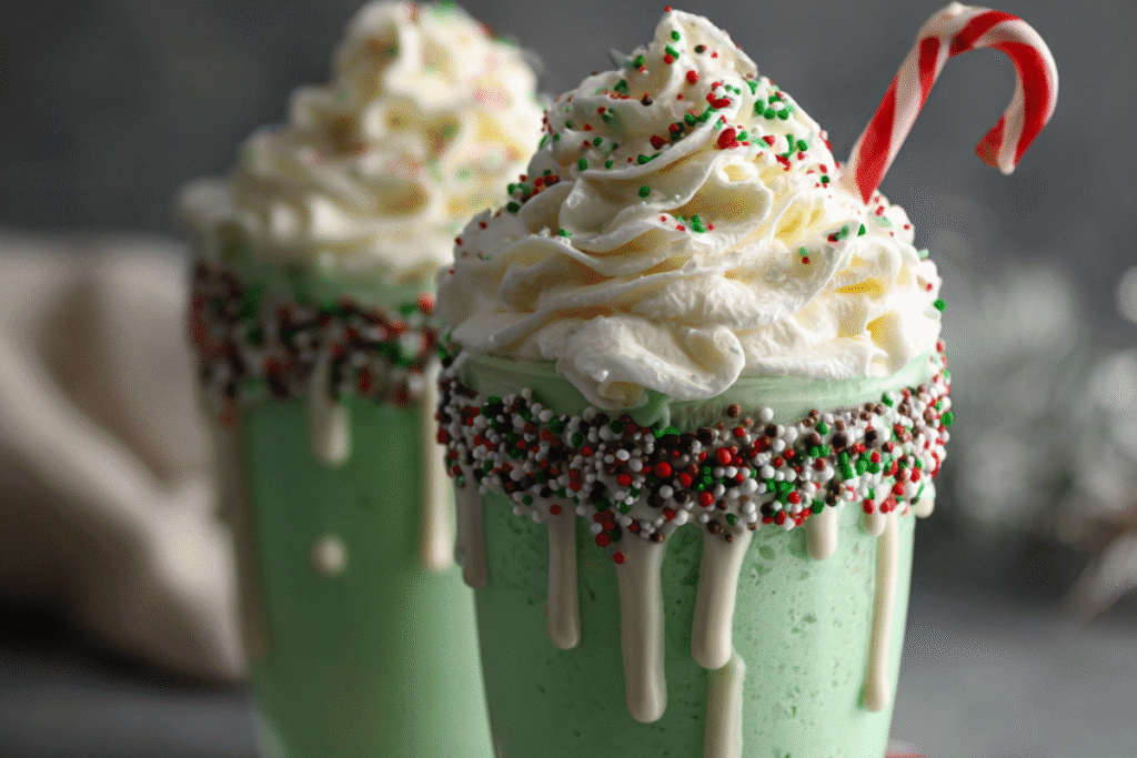 Holiday Grinch Whip Milkshake with bright green color, candy garnish, and creamy texture.