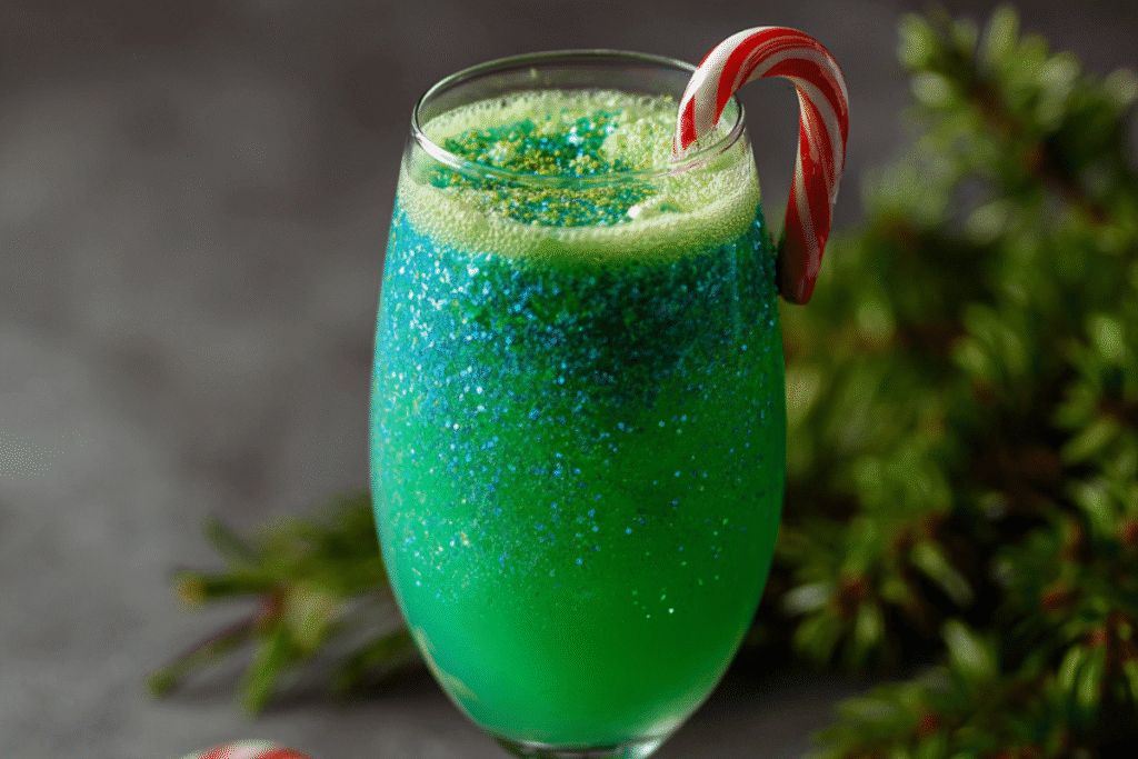 Non-alcoholic Grinch Glow Mimosa with bright green hue, served in a champagne flute with red sugar rim.