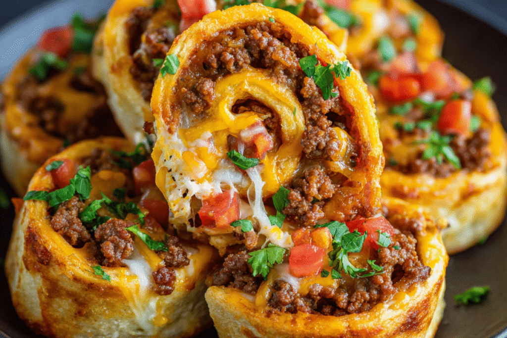 Golden-baked cheesy taco pinwheels with seasoned beef, melted cheese, and flaky pastry spirals.