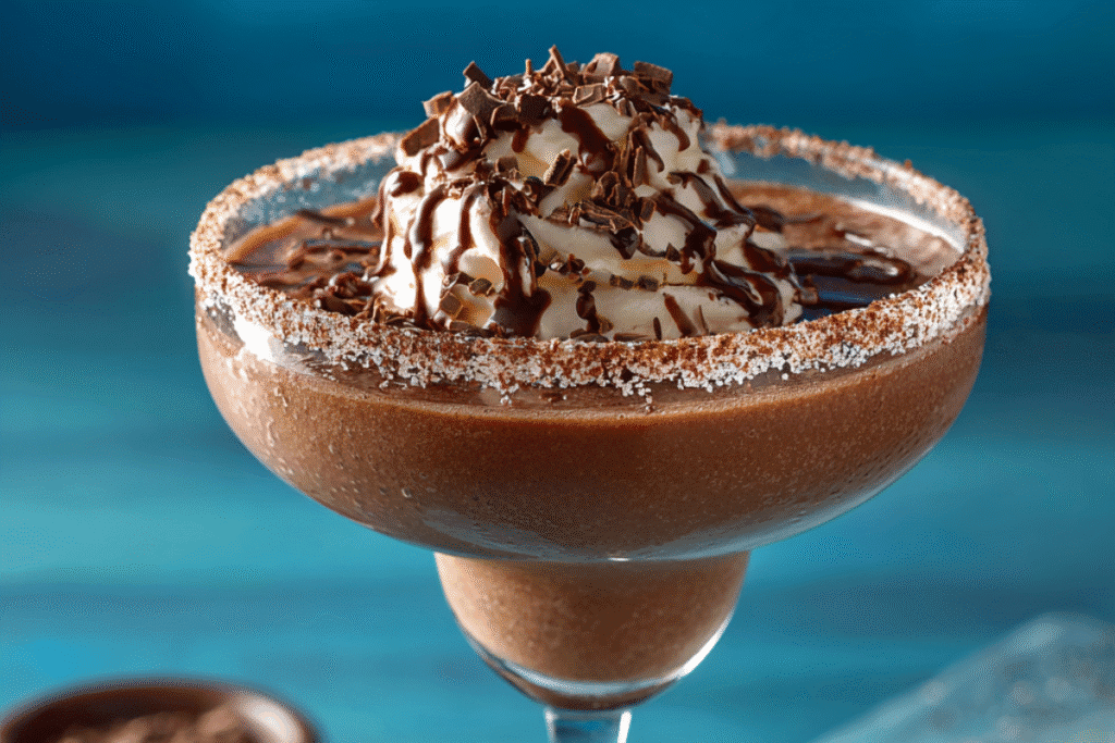 Frozen chocolate margarita in a wide-rimmed glass with chocolate drizzle and whipped cream topping.