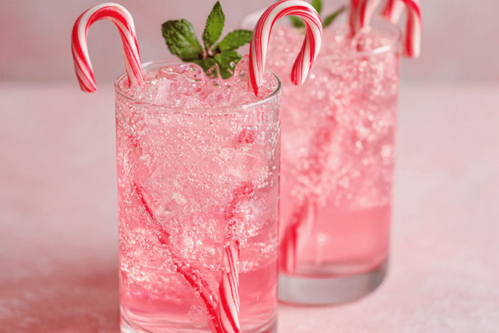 Festive Jolly Cane cocktail with red and white swirls, candy cane garnish, and a holiday glass.
