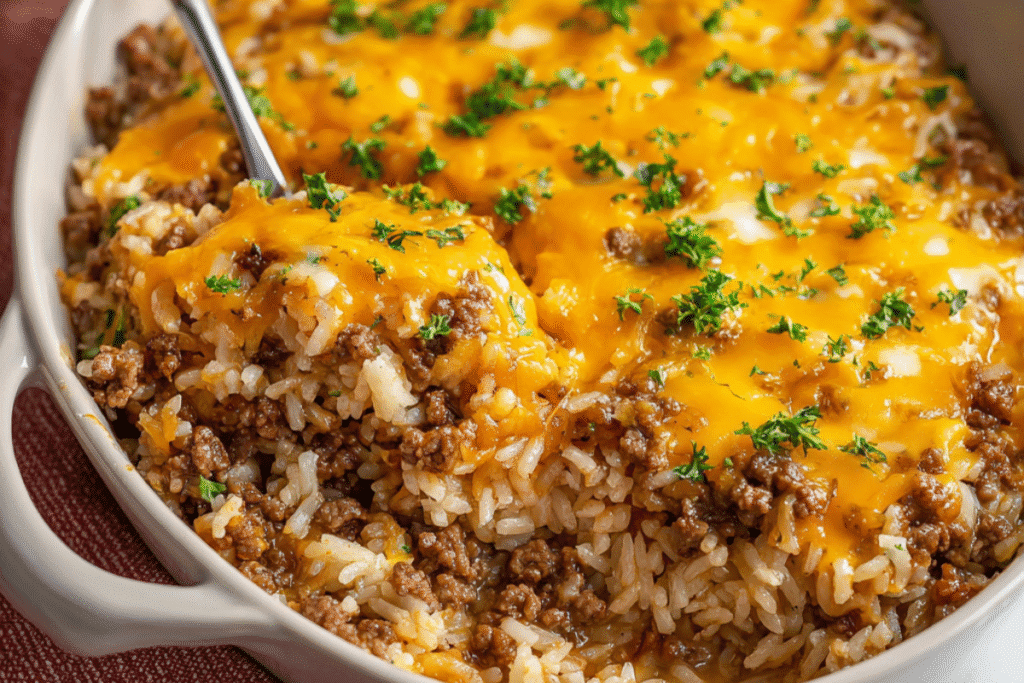 Easy hamburger rice casserole topped with melted cheese and parsley, served in a baking dish.