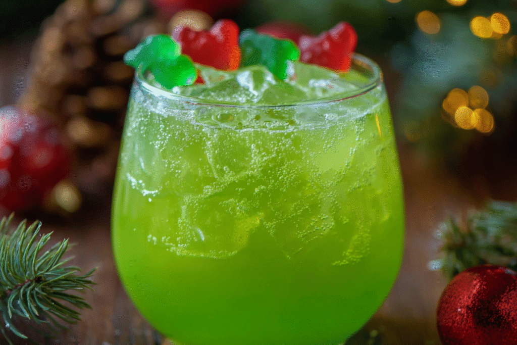 Bright green Grinch Punch served in a festive glass with red sugar rim and holiday garnishes.
