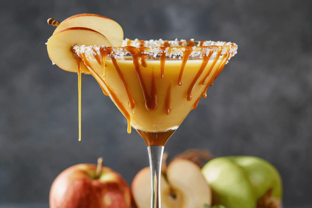 Salted Caramel Apple Martini with caramel drizzle and apple slice garnish served in a chilled martini glass.