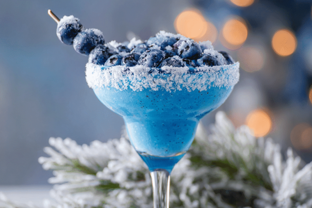 Chilled Frostbite Blueberry Martini with frosted rim, floating blueberries, and mint garnish in a sparkling cocktail glass.