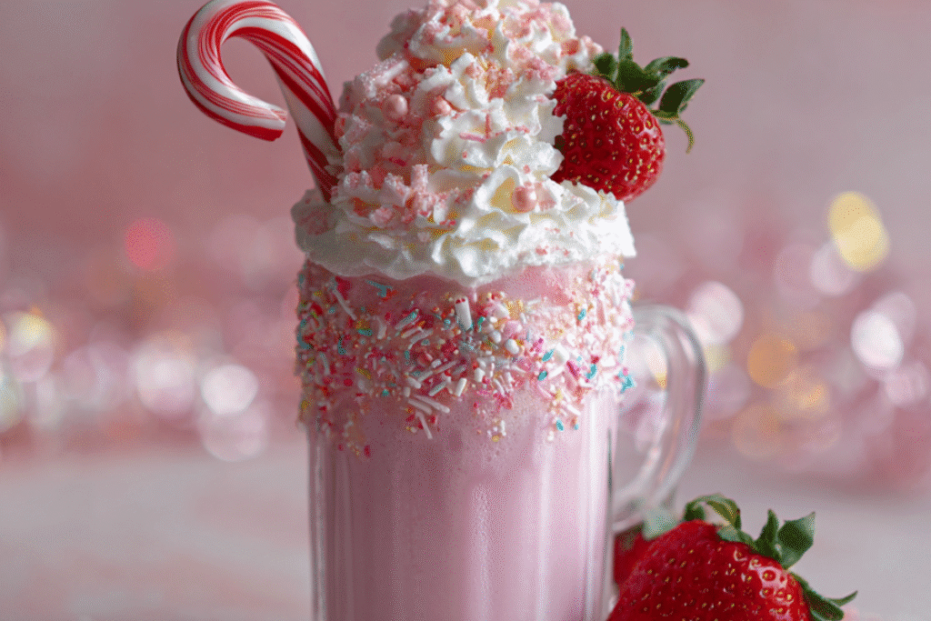 Strawberry Fairy Christmas Shake with whipped cream, red sprinkles, and festive straw in a clear holiday glass.
