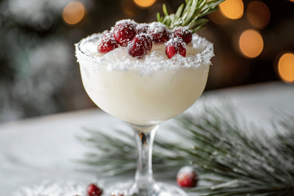 White Christmas Margarita garnished with cranberries, rosemary, and a sugar rim in a holiday glass on a snowy backdrop.