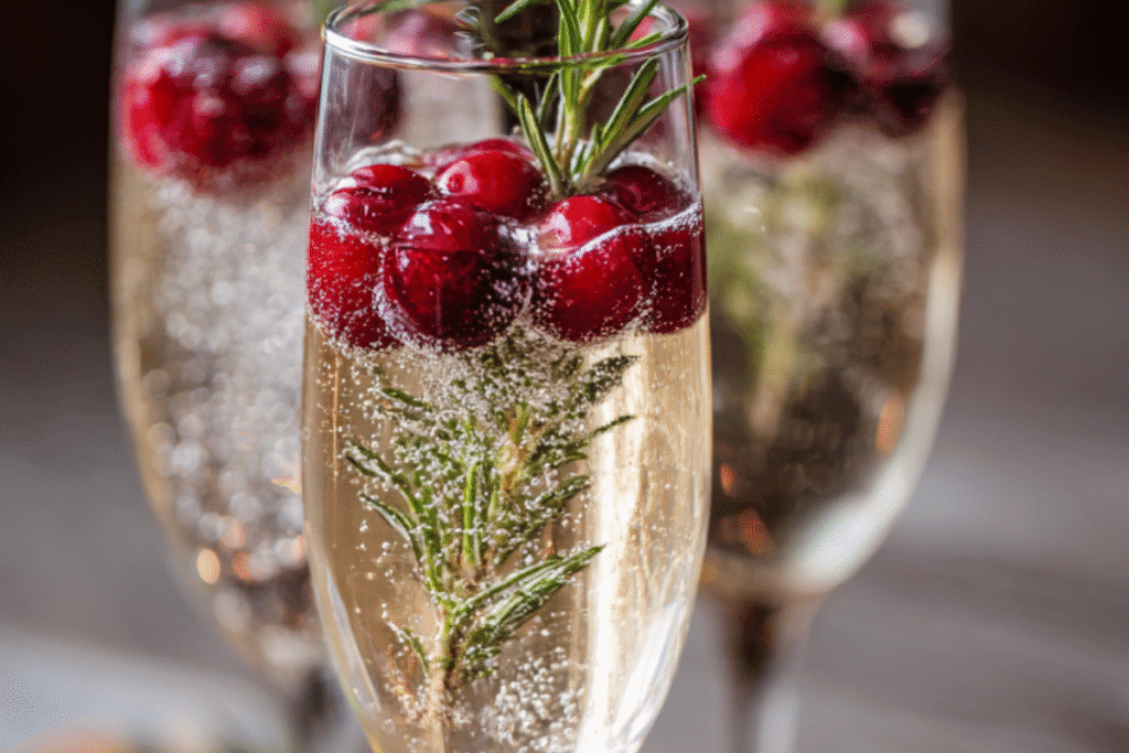 Festive Santa Bubbles cocktail in a champagne flute with cranberries and rosemary garnish, perfect for Christmas celebrations.