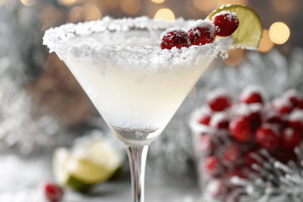 Snowy White Cosmo cocktail in a chilled martini glass with sugared rim and cranberries, served on a snowy winter background.