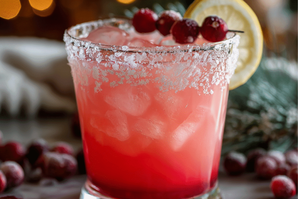 Bright and festive Holiday Lemon Drop cocktail in a sugar-rimmed glass with a lemon twist garnish.