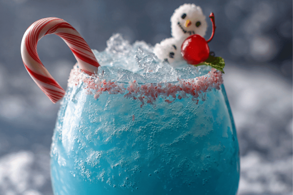 A whimsical Frosty Snowman Cocktail topped with whipped cream and chocolate accents, served in a festive glass over crushed ice.