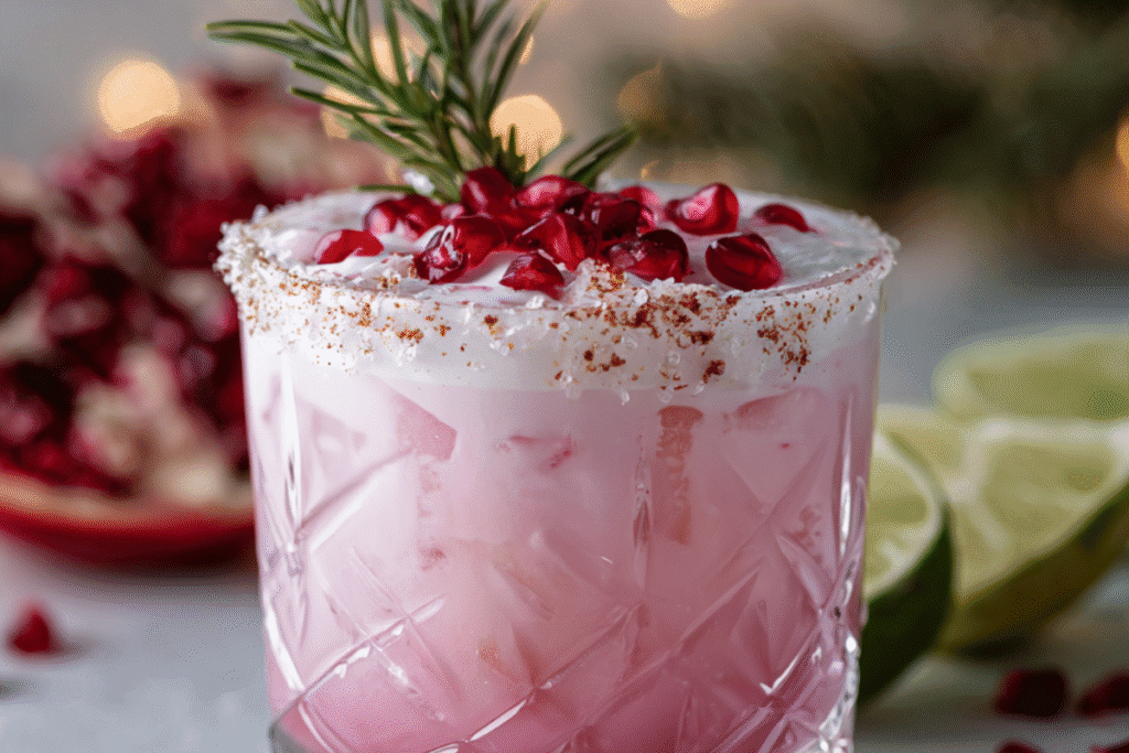 A festive pink Christmas margarita in a salt-rimmed glass, garnished with cranberries and a lime slice, surrounded by twinkling holiday decor.