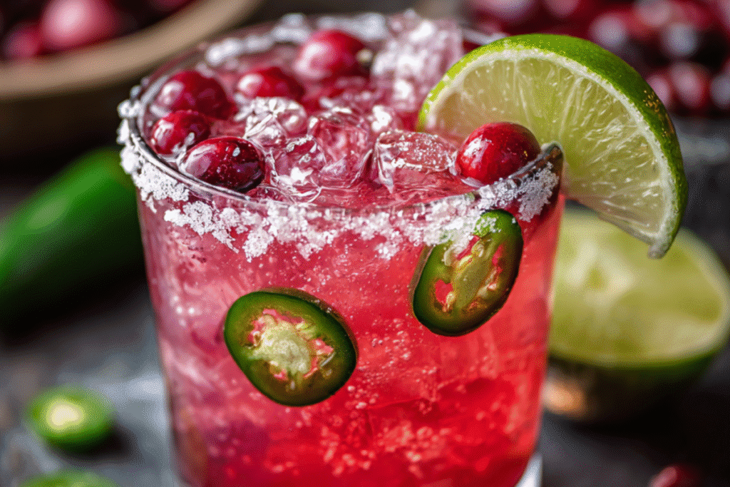 A vibrant Cranberry Jalapeño Margarita in a salt-rimmed glass, garnished with fresh cranberries and sliced jalapeños, perfect for festive gatherings.