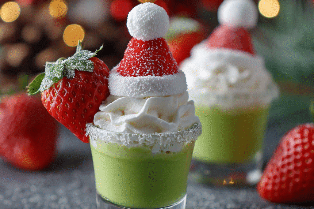 Bright red Santa’s Naughty Elf Shot in a festive glass, garnished with a candy cane and holiday sparkles, perfect for Christmas parties.