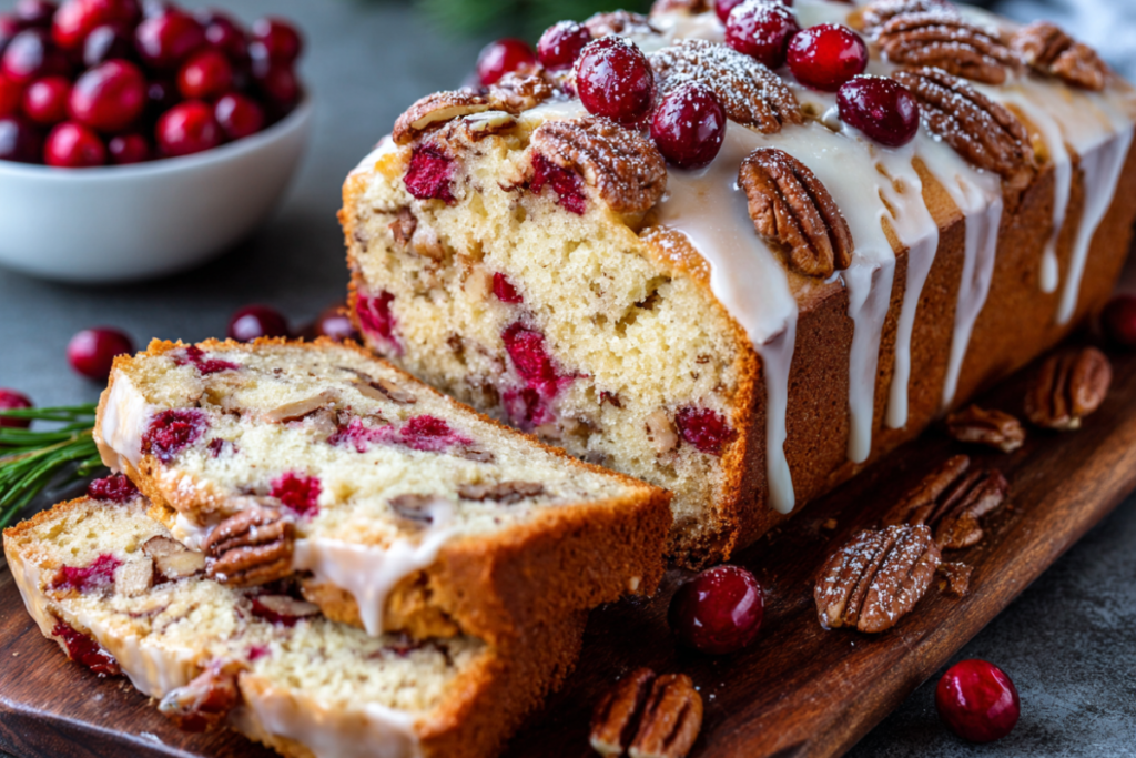 Cinnamon Cranberry Nut Loaf sliced on a wooden board with fresh cranberries, nuts, and cinnamon glaze in a cozy holiday setting.