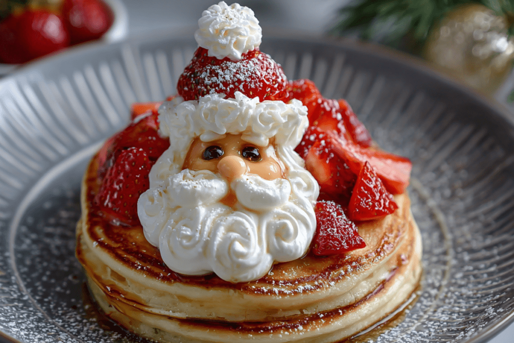 Fluffy Christmas pancakes stacked and decorated like Santa Claus with whipped cream, strawberries, and chocolate chips — a festive holiday breakfast treat.