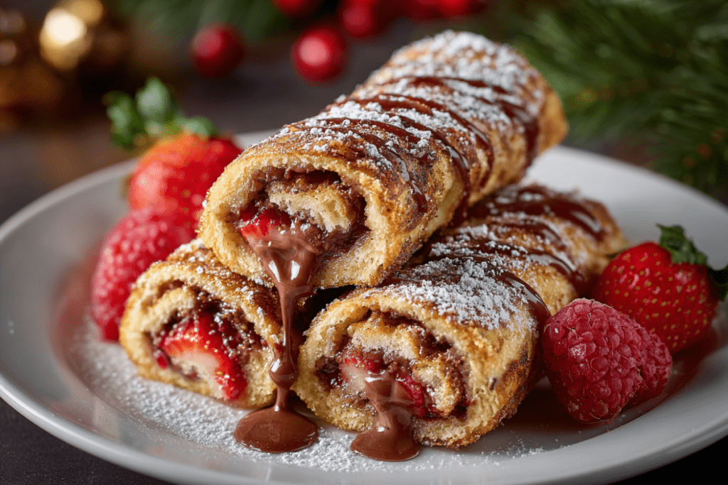 Crispy golden French toast roll-ups filled with creamy filling, dusted with powdered sugar, and served with berries for a festive holiday breakfast treat.