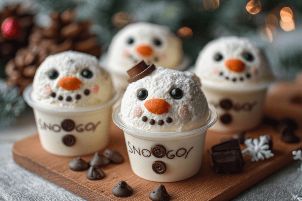 Adorable snowman-themed yogurt cups decorated with pretzel arms, candy eyes, and scarves, perfect for a fun and healthy winter breakfast or snack for kids.