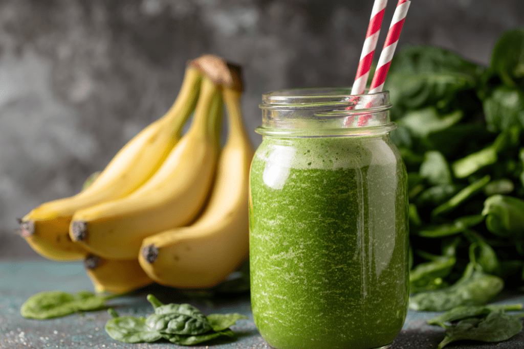 Vibrant green smoothie served in a festive glass, topped with whipped cream and Christmas sprinkles—perfect for a healthy and playful holiday treat inspired by Santa’s elves.