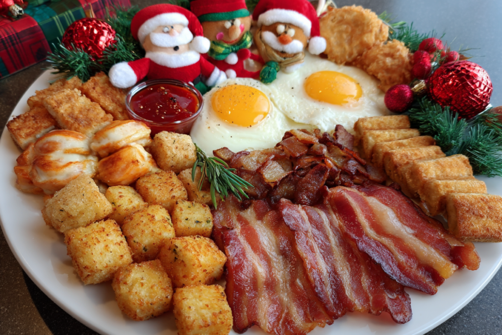 A festive breakfast table with Santa pancakes, gingerbread waffles, cinnamon roll trees, and holiday-themed parfaits, perfect for Christmas morning.