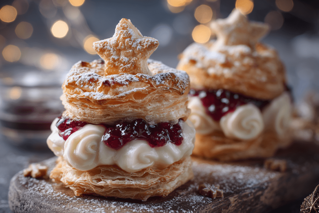 Flaky Christmas cream cheese pastries shaped like stars and trees, filled with sweet cream cheese and topped with holiday sprinkles and powdered sugar.