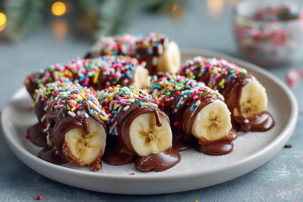 Festive chocolate-dipped banana bites decorated with holiday sprinkles and drizzles of white chocolate, arranged on a Christmas-themed serving plate.
