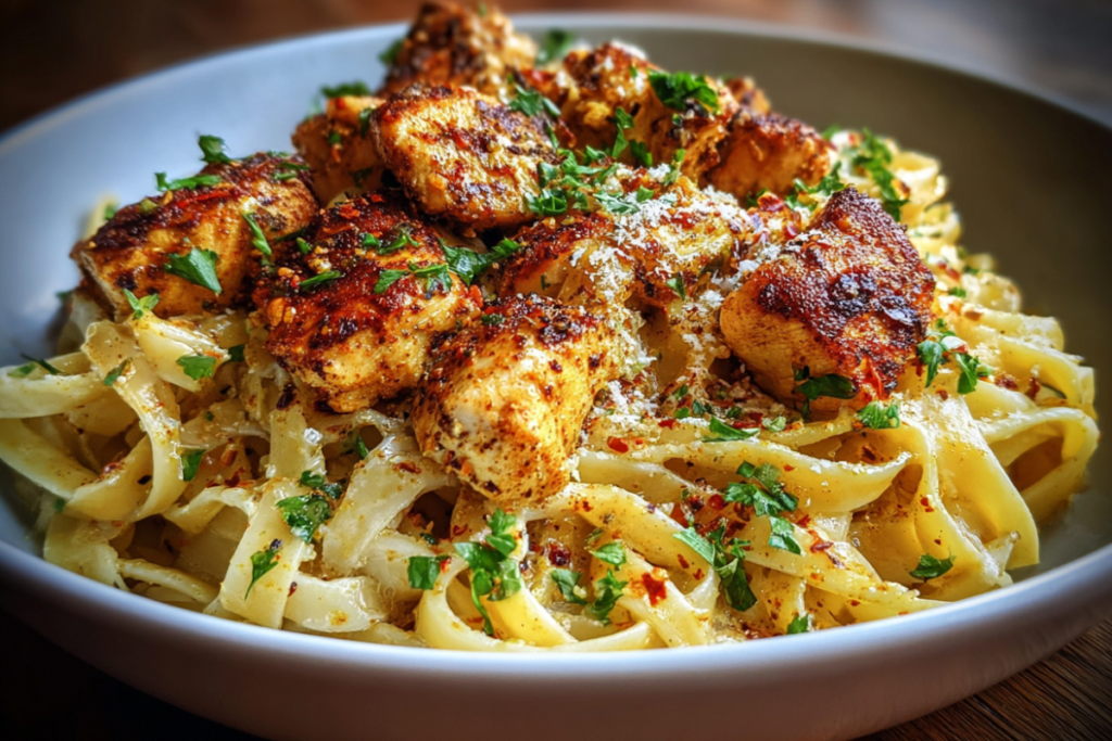 Creamy honey pepper chicken pasta with sliced grilled chicken, spiral pasta, and a glossy peppery honey sauce, garnished with parsley.