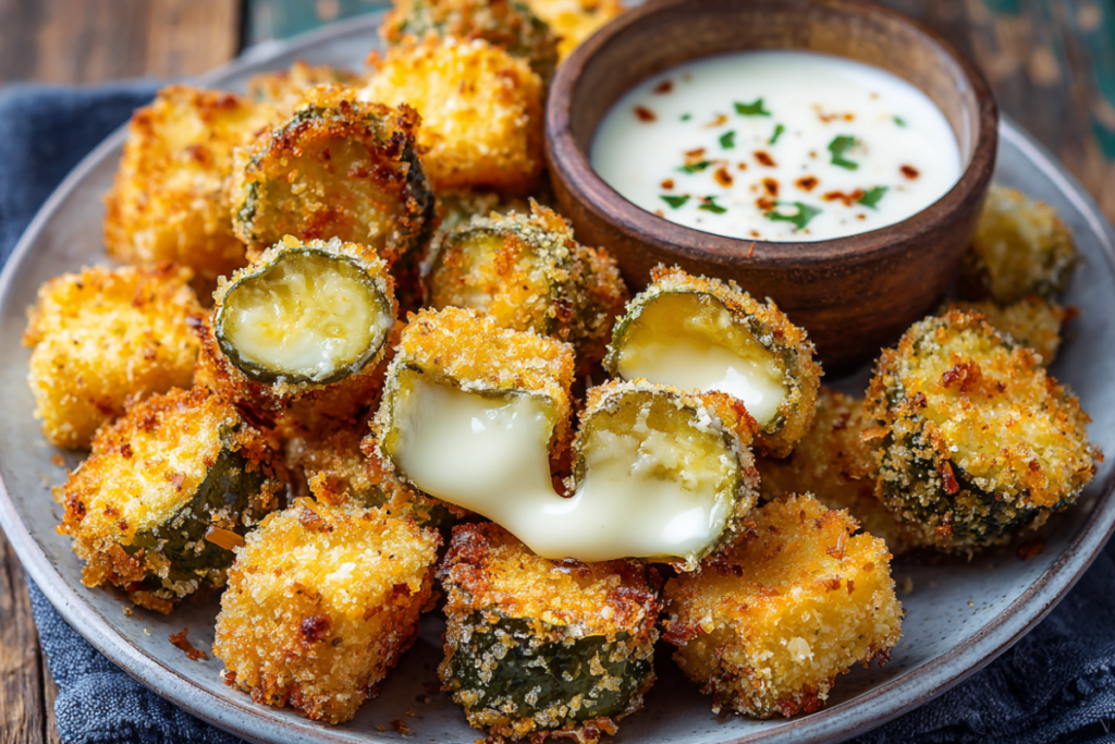 Crispy golden pickle cheese bites stacked on a plate, with melted cheese oozing out and served with a side of dipping sauce.