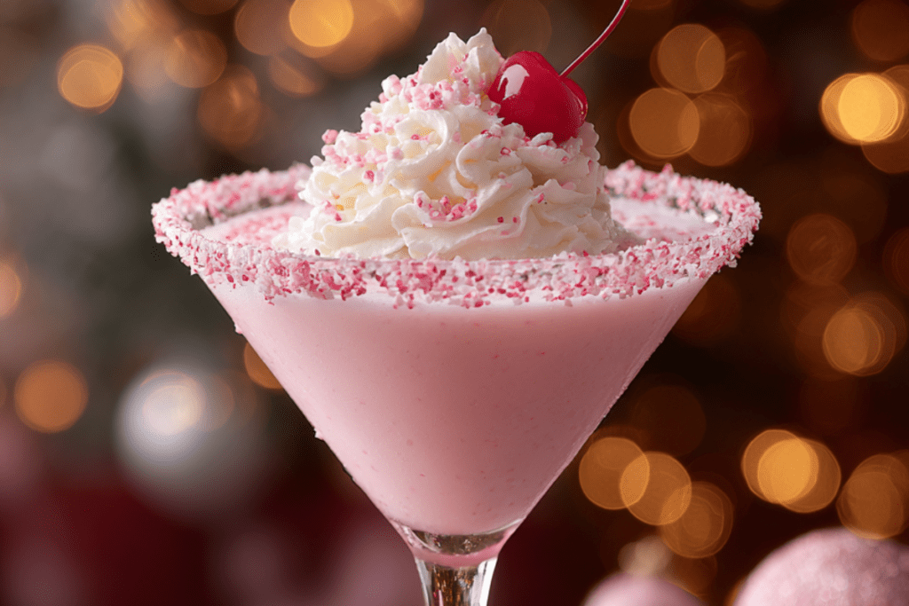 Festive red Santa Baby cocktail served in a glass rimmed with sugar and topped with cranberries and rosemary for a holiday touch.