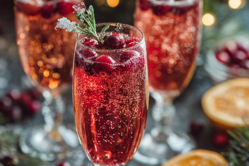 A sparkling Poinsettia cocktail with vibrant cranberry-red color, garnished with fresh cranberries and a twist of orange – a festive holiday drink perfect for Christmas brunches.