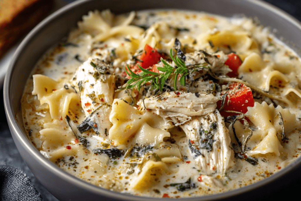 Creamy white chicken lasagna soup with shredded chicken, tender noodles, spinach, and melted cheese in a rich garlic parmesan broth – cozy and comforting in every spoonful.