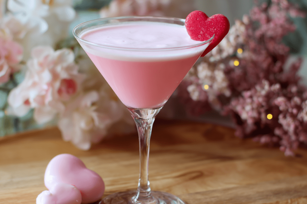 Romantic pink martini in a heart-shaped glass, garnished with raspberries and a sugar rim — the perfect love potion for Valentine’s Day.