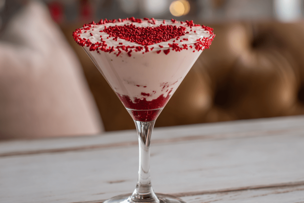 Romantic red martini inspired by red velvet cake, topped with whipped cream and red sprinkles in a heart-rimmed glass — perfect for Valentine’s Day.