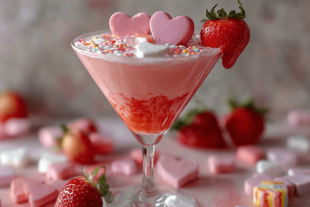 A romantic pink martini in a heart-rimmed glass, swirled with strawberry cream and topped with a heart-shaped garnish.